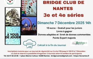 Tournoi réservé aux 3e et 4e séries - Dimanche 7 décembre au Bridge Club Nantes