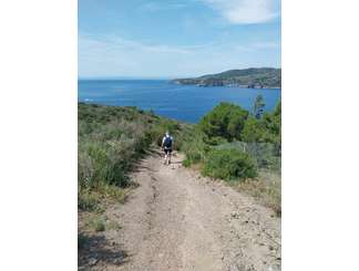 Touriste en promenade sur fond bleu.